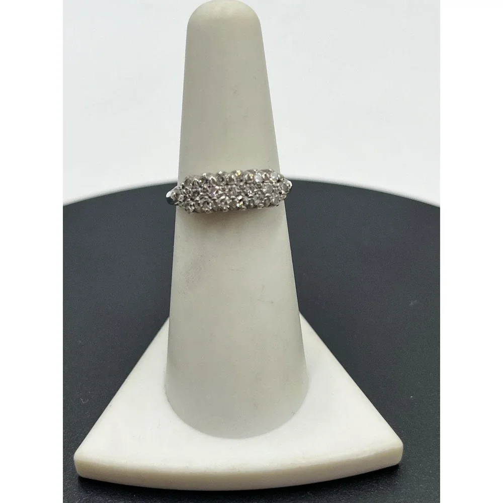 LAH 14K Vintage White Gold Triple-Row Diamond Prong Round Cluster Ring Sz 6.5